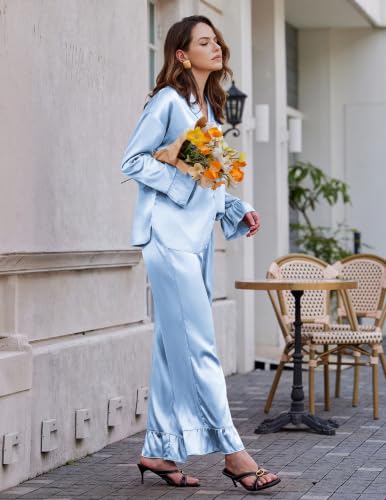 Ekouaer Satin Pajamas for Women Silk Pjs Long Sleeve Lounge Set with Ruffle - image 7