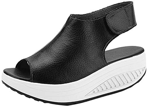 DAFENP Sandales Compensées Femme Été Sandales Plateforme Confort Cuir Chaussures Talon pour Marcher LX908-1-black1-EU40