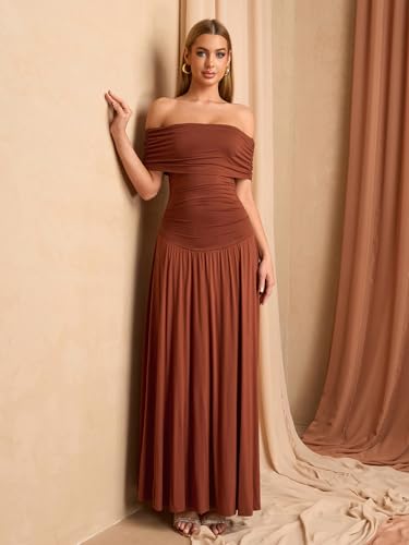 Off The Shoulder Maxi Dress for Women Summer Ruched Bodycon Pleated Flowy Formal Wedding Guest Long Dresses4