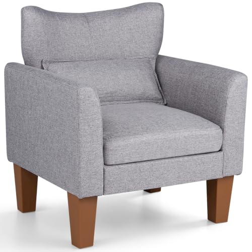 Image of COSTWAY Wingback Armchair, Linen Fabric Accent Chair with Pillow (Grey)