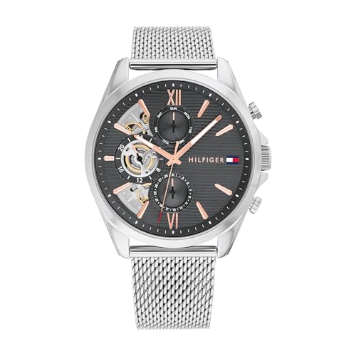 Tommy Hilfiger Multi Zifferblatt Quarz Uhr für Herren mit Silbernes Edelstahl-Mesh-Gliederarmband und Lederarmband