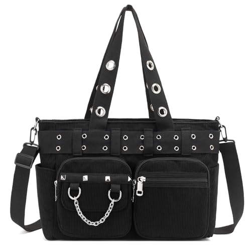 Tote Bag for Women, Corduroy Gothic Purse Goth Bag with Zipper for College, Work, Travel, Gym
