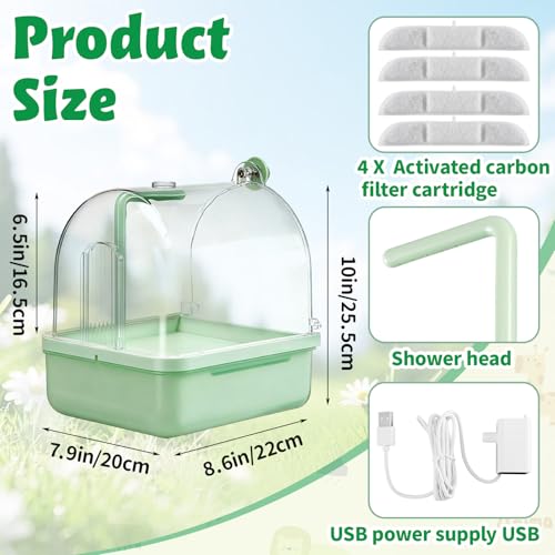 Maxdot Automatic Bird Baths for Cage Parakeet Bath with Pump Indoor Parrot Bathtub with Shower Running Water, Motion Sensor, Filter for Pet Birds Budgies Lovebirds Finches Cockatiels Cockatoos, Green