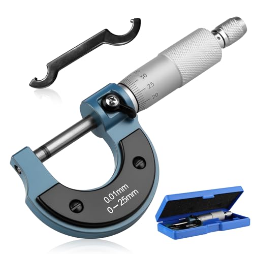 GEU Outside Micrometer 0-25mm (0.01mm Graduation) High Precision Metric Machinist Tool with Carbide Tipped Anvil Satin Chrome Finish & Calibration Wrench for Mechanics DIY