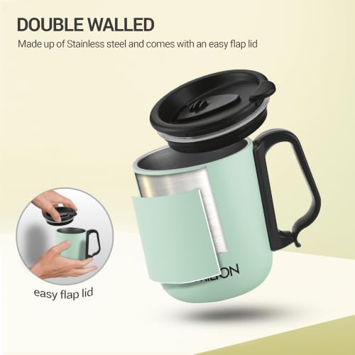 Image of MILTON Harbor Coffee Mug 300 Double Walled Non - Insulated | 300 ml Inner Stainless Steel Tea Mug with Lid & Handle | Hot & Cold | Coffee Mug Travel Tea Cup | Black Coffee | Tea Cup Single |Mint Green