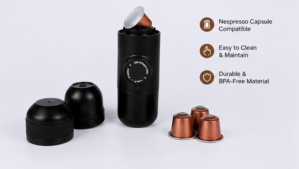 Image of Portable Manual Espresso Coffee Maker | Compatible with Fliteer Coffee Powder or Capsule | Compact Travel Espresso Maker for Home, Office, Camping & Travel | 1 Cup | Black