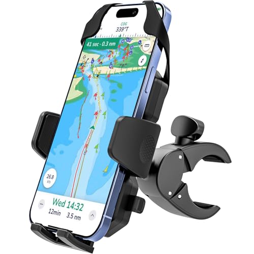 Dosvsi Boat Phone Clamp Mount, [Strap Double Protection] Marine Cell Phone Clip Holder, 360° Adjustable Sailboat Rail Bar Pole Helm Clamp Holder for iPhone 16 15 14 Pro Max, Galaxy, 4-7' Smartphone