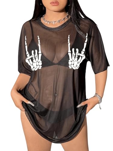 Floerns Women's Plus Size Skull Half Sleeve Swimwear Sheer Mesh Coverup Dress