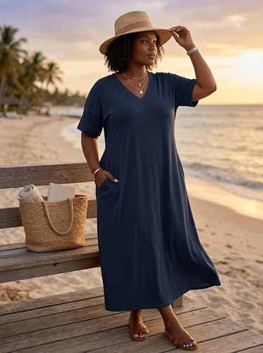 Image of SUZONANA Women Casual T-Shirt Dress V Neck Short Sleeve Solid Color Oversize Dress with Front Two Pockets