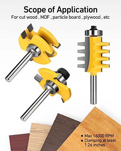 1/4-Inch Shank Tongue and Groove Router Bits Set & Reversible Finger Joint Router Bit, 3 Pack Router Bit Set, Woodworking Chisel Cutter for Density Boards, Solid Wood, MDF, Chipboard, Splints, Etc