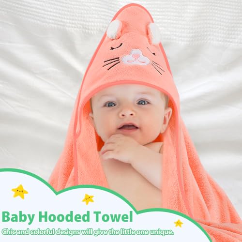 Image of Baby Bath Towel,Ultra Soft Hooded Baby Towel,Toddler Bath Towels with Animal Design,Absorbent Baby Hooded Towel Shower Gifts for Baby Boys Girls,31.5x31.5 inch(Orange and Pink Kitten)