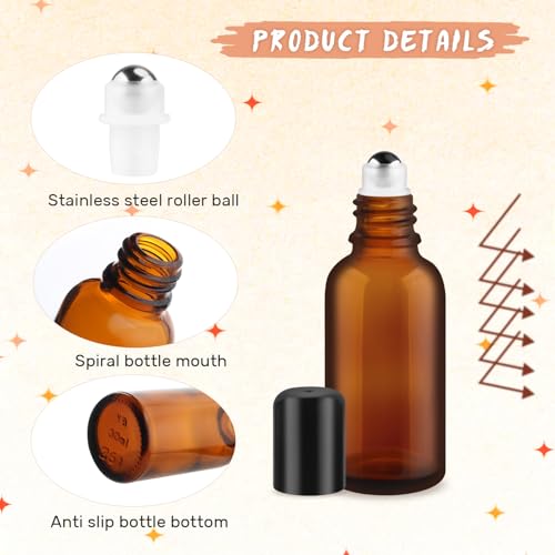 12 Pcs 30ml/1oz Amber Glass Essential Oil Bottles with Stainless Steel Roller Ball Refillable Roll-on Bottles Leak-proof Containers for Lotion Deodorant Massage Oil Perfume3