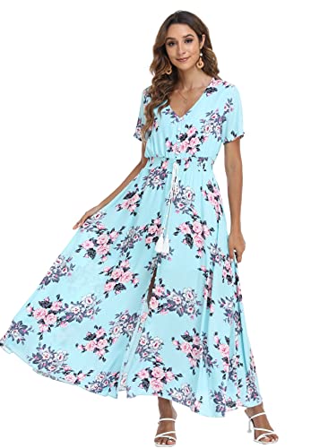 Image of VintageClothing Women's Floral Maxi Dresses Boho Button Up Split Summer Casual Long Dress Beach Party Dress