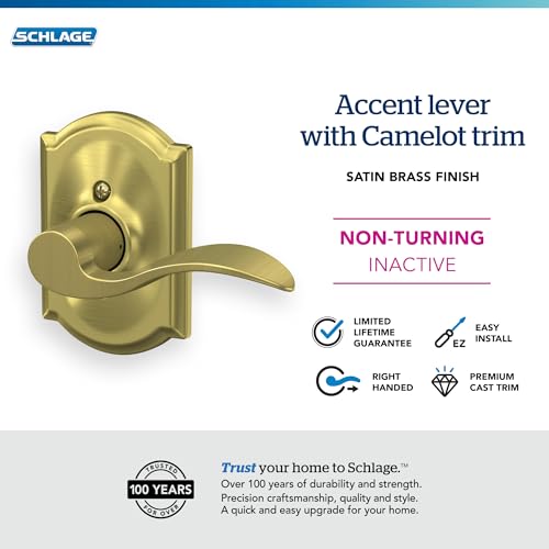 Image of SCHLAGE Accent Lever with Camelot Trim Non-Turning Lock in Satin Brass - Right Handed - F170 ACC 608 CAM RH