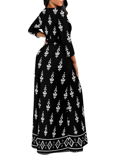 Image of Women Plus Size Long Sleeve V Neck Maxi Dress with Belt | Soft fabric relaxed fit three quarter sleeve v neck with pockets for party and daily wear