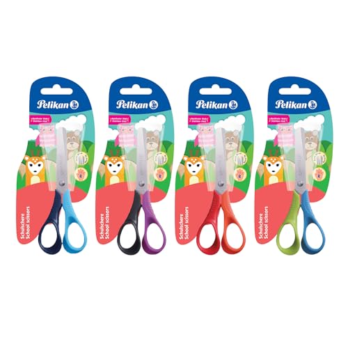 Pelikan Easy Handle Tijeras ergonómicas, 13 cm, para diestros, hojas de acero inoxidable con punta redondeada para niños, buenas para la escuela primaria, colores surtidos, 804813