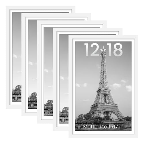 Image of upsimples 12x18 Picture Frame Set of 5, Display Pictures 11x17 with Mat or 12 x 18 Without, Wall Gallery Poster Frames, White