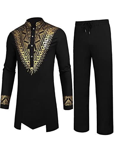 Pacinoble Mens African 2 Piece Set Metallic Traditional Suit Floral Printed Mens African Dashiki Shirt And Pants Outfit #TOP1