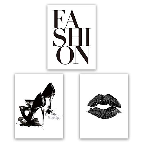 HPNIUB Fashion Women Wall Art Prints, Fashion Lips Shoes Watercolor Printing, Set of 3 (12â€X16â€) Minimalist Makeup Canvas Wall Art Poster for Living Room Decor, No Frame