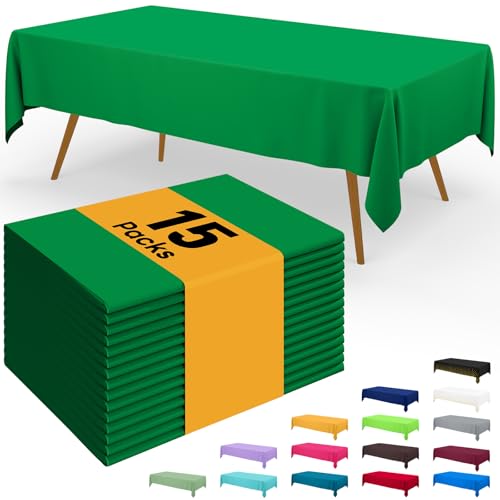 Image of Smiry Disposable Table Cloth - 15 Pack, 54 x 108 Inch Waterproof Rectangle Tablecloths for Parties, Decorative Plastic Table Cover, Leakproof & Sturdy, Green