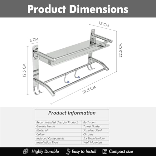 Image of Pivalo 2 in 1 304 Grade Stainless Steel Bathroom Shelf with Hook Hanger Multipurpose Home Accessories Organizer Set Corner Wall Mount Rack for Towel Soap & Toothbrush (Pack of 1, Silver, 1001)