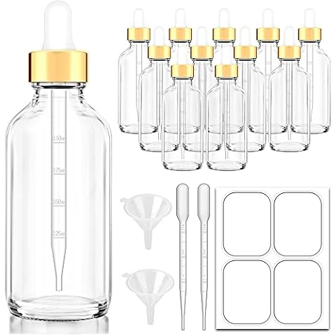 Bumobum Dropper Bottles 4oz, 12 Pack Clear Glass Eye Dropper Bottle for Essential Oils with Labels and Funnels, Tincture Bottles with Golden Top (Unbreakable Plastic Dropper with Measurements) Cover