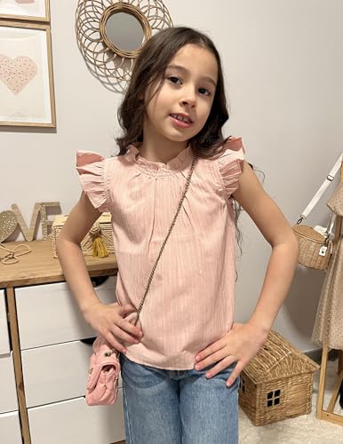 Image of Arshiner Girls Ruffle Short Sleeve Shirts Cute Summer Frill Neck Pleated Textured Blouse Tops