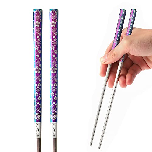 Hagary Cherry Blossom Rainbow Chopsticks Metal Chopsticks Reusable Designed in Korea Japanese Style Stainless Steel 316 18/10 Non-Slip Dishwasher Safe (2 Pairs)