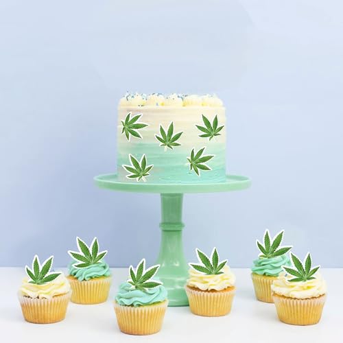 Blumomon 40 Stück Essbar Kuchen Topper Grüne Unkrautblätter Cupcake Topper Dope Geburtstagstorte Topper Hanf Leaf Cupcake Topper Geburtstagstorte Dekoration