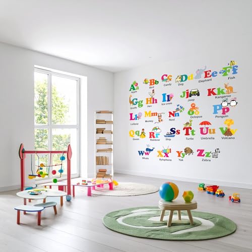 StickMe PVC Vinyl Baby Kids Learning Education Nursery, Pre School and Kindergarten Alphabets Wall Sticker (Multicolour, 110 x 100 cm)-Self-Adhesive
