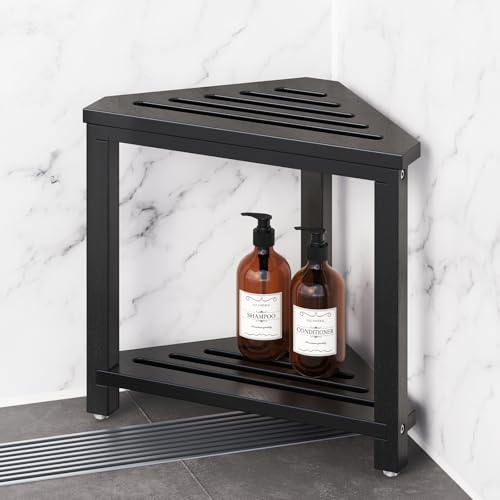 Kzeirm 14" Acacia Wood Corner Shower Stool, Shower Foot Rest for Shaving Legs - Waterproof Shower Bench with Storage Shelf, Small Bath Seat for Inside Shower Spaces, Black