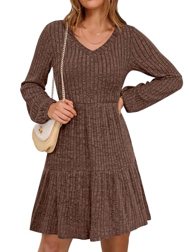 ANRABESS Women's Long Lantern Sleeve Ribbed Knit Dresses V Neck C...