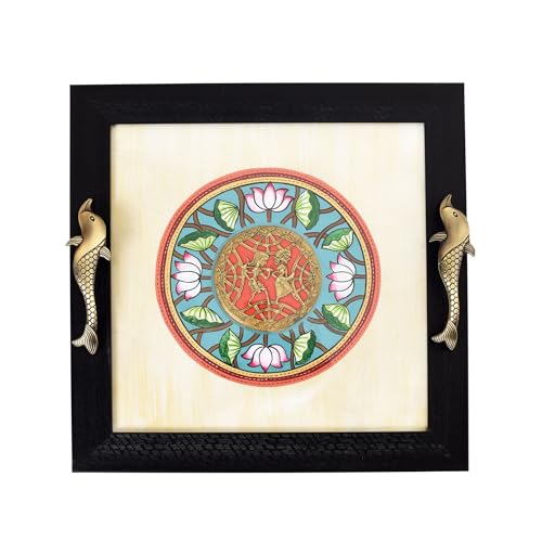 Image of Aakriti Art Creations Fusion Serenity Madhubani-Dhokra Tray, Serving Platter Beige | Matte Finish, Handcrafted Metal & Wood Tray with Handles | Tray for Kitchen Decor & House Warming Gifts
