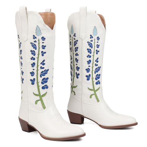Cowboy Boots For Women, Cute Bluebonnet Floral Embroidered Fashion Country Boots Pointed Toe Chunky Heel Wide Calf Fancy Comfortable Pu Leather, Cowgirl Boots4