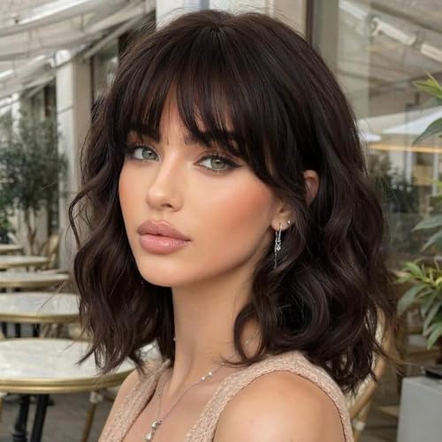 Lativ Dark Brown Bob Wig with Bangs for Women Wavy Curly Synthetic 14 inch