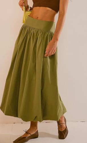 KMBANGI Y2k Women Bubble Maxi Skirt Elastic Smocked Waist Casual Pleated Long Skirts Ruffle Balloon Midi Skirt Streetwear2