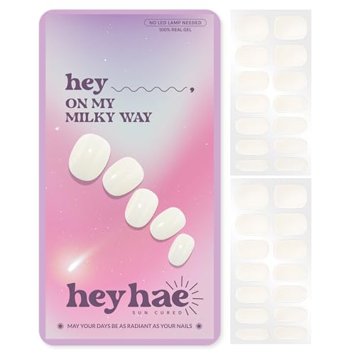 Heyhae Semi Cured Gel Nail Strips | No LED Lamp Needed | White, Jelly | Easy Apply & Remove, Salon Quality | Includes 28 Strips, 2 Prep Pads, Nail File & Wooden stick - Hey, On My Milky Way