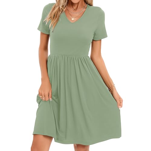 Image of Women's Spring Casual Short Sleeve A-Line Midi Loose Fit Teacher Dresses T-Shirt Flowy Work Travel Sundress with Pockets 2026