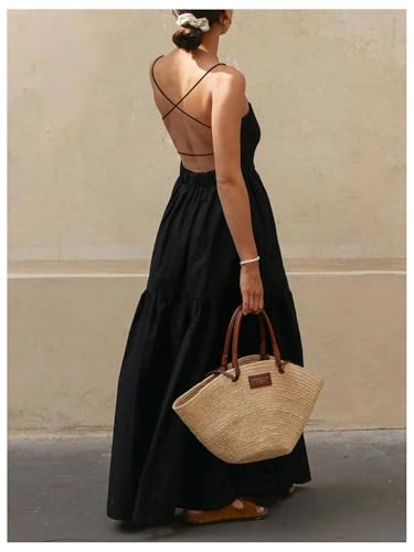 SOLY HUX Women's Summer Maxi Dress Criss Cross Backless Spaghetti Strap Ruffle Flowy Long Cami Dresses Sundress3