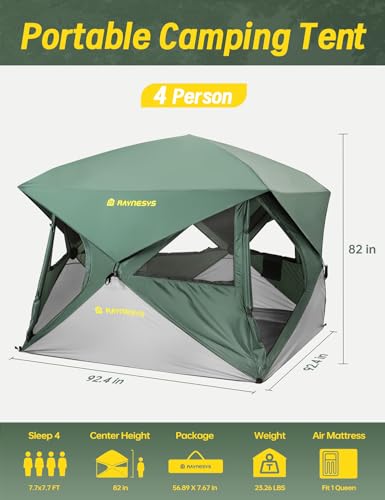 Image of Raynesys Ultra Instant Cabin Tent, Water-Resistant Windproof Hub Tents, Setup in 60 Seconds, 4 Person Pop up Tents for Camping, Large Camping Tent with Removable Floor, Green