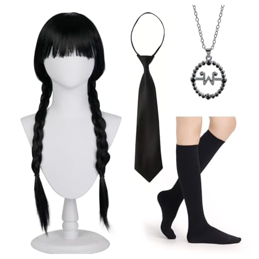 Peluca Miercoles Addams Niña, Miércoles Peluca con Collares Corbatas Calcetines, Halloween Pelucas Trenzas Negras, Pelucas Negra Larga con Flequillo, Halloween Carnaval Decoración Accesorios Cosplay