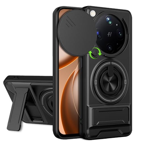 Image of AESTMO Oppo Find X9 Ultra 5G Back Cover | Armor Camera Slider 360 Degree Rotating Finger Ring Holder Case with Bracket Stand Back Case Cover (Compatible with MagSafe Accessories) (Black)