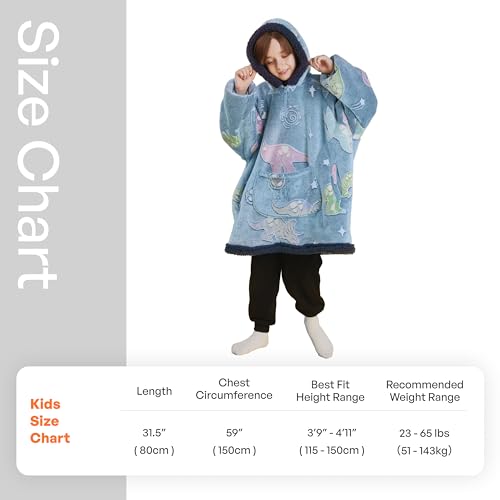 Image of Giggling Getup Glow in The Dark Wearable Blanket Hoodie for Girls and Boys Warm Cozy Sherpa Fleece Hooded Blanket Sweatshirt Oversized Hoodie with Giant Pocket & Sleeves for Kids Blue Dinosaur Glow