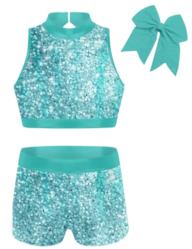 Vogseek Leotards for Girls Gymnastics with Matching Shorts Ballet Dance Set Girl's Blue Marble Athletic Leotards with Hair Scrunchie 7 8 Year Old