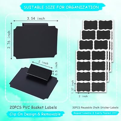 20 Pieces Basket Labels Clip On Set for Storage Bins Kitchen Pantry Basket Box Cube Laundry Organization, with 32 Pieces Removable Chalkboard Tag Stickers and 12 Pieces Chalk Marker
