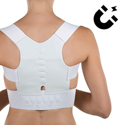 Corrector de postura en espalda y hombros para hombre y mujer. Faja chaleco para el dolor de espalda cómodo y ajustable (Blanco, M)