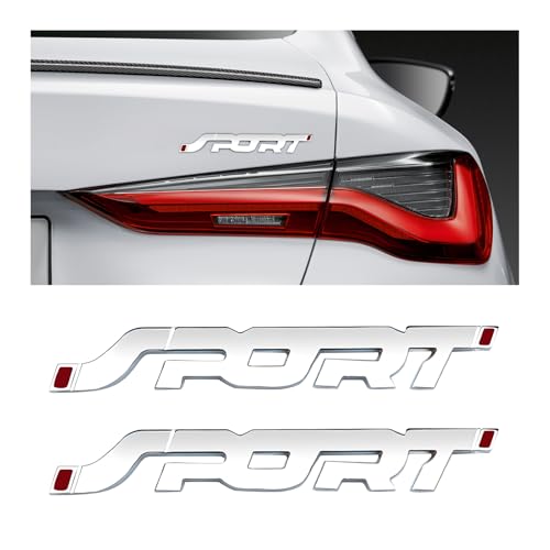 Image of 2 PCS Metal Car Sport Sticker, 3D Raised Car Fender Badge Front & Rear Tailgate Emblem with Sport Logo, Strong Adhesive Letters Decals for Front Hood Grill Rear Trunk (White)