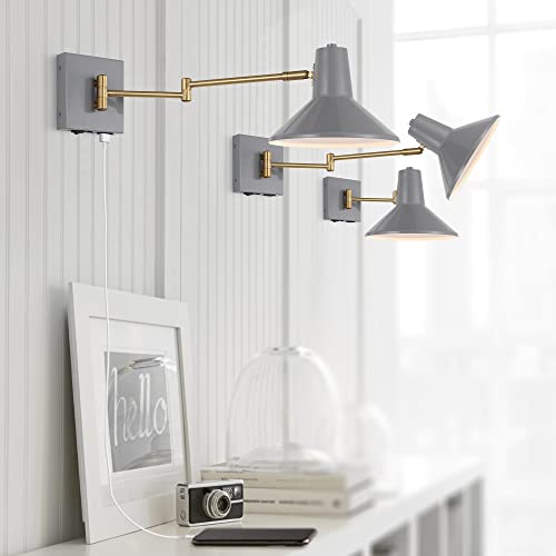 Image of JONATHAN Y 16 inch Grey /Brass Gold 1-Light Modern Swing Arm Sconce with USB Port, Plug-in Midcentury LED Bedside Lamp with White Iron Shade for Bedroom Living Room (JYL1302C)