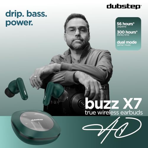 Image of Dubstep Buzz X7 in-Ear Wireless Earbuds with Up to 56 Hours Playtime, 13mm Dynamic Drivers, X-Bass Technology, ENC Mic, Bluetooth 5.3, Dual Music /Game Mode, Type-C Fast Charging (Green)