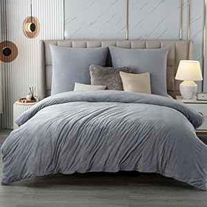 Soifox Winter flanellen beddengoed, 220 x 240 cm, grijs, wollig en warm, voelt aan als kasjmier, dekbedovertrek + kussensloop, set van 2 stuks, 80 x 80 cm, met ritssluiting